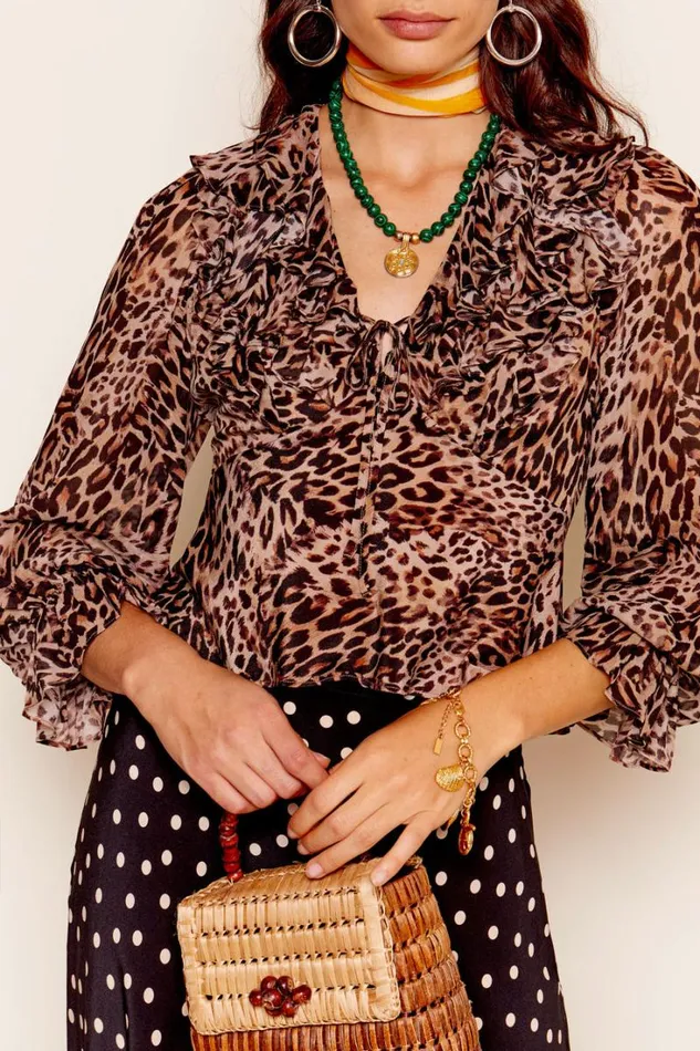 Women RIXO All Clothing Lasca Ruffled Silk Blouse Leopard Patchwork Brown