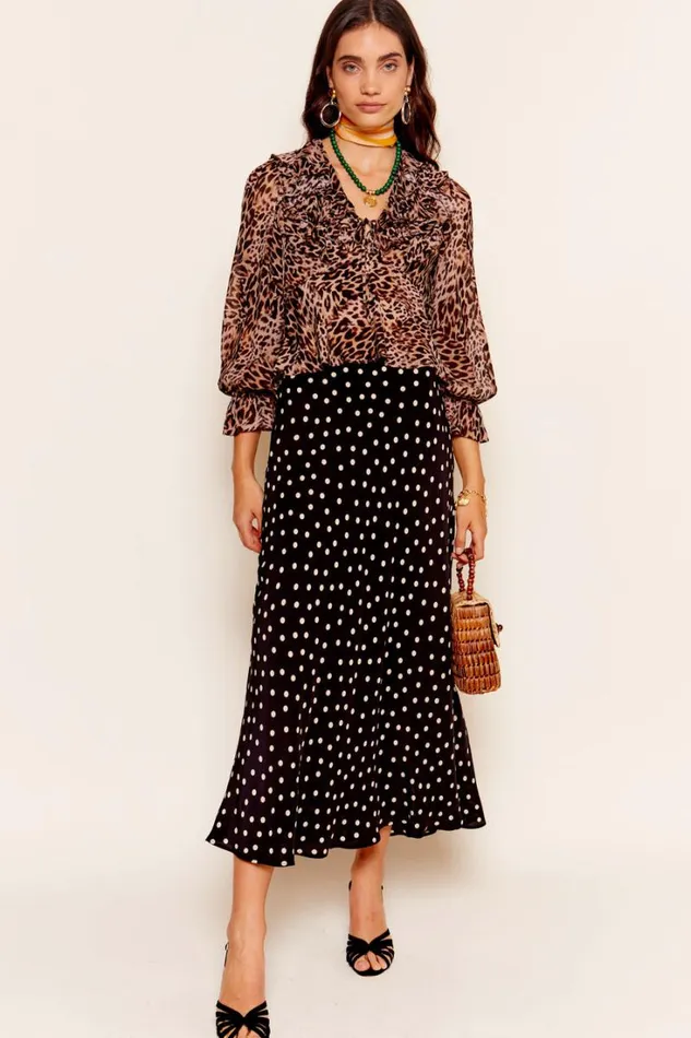 Women RIXO All Clothing Lasca Ruffled Silk Blouse Leopard Patchwork Brown