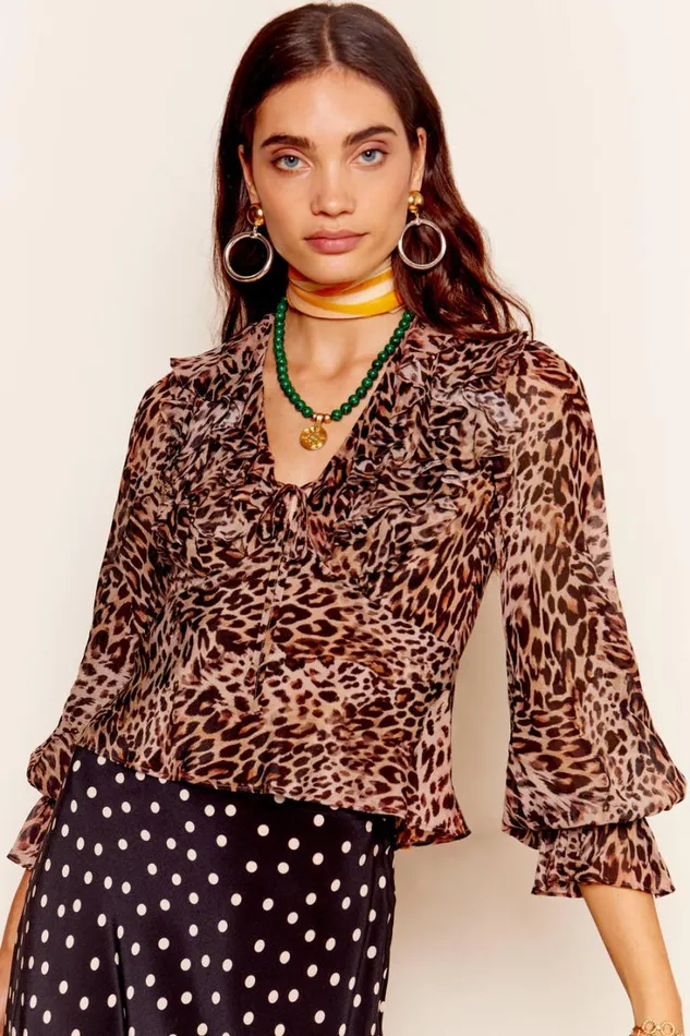 Women RIXO All Clothing Lasca Ruffled Silk Blouse Leopard Patchwork Brown