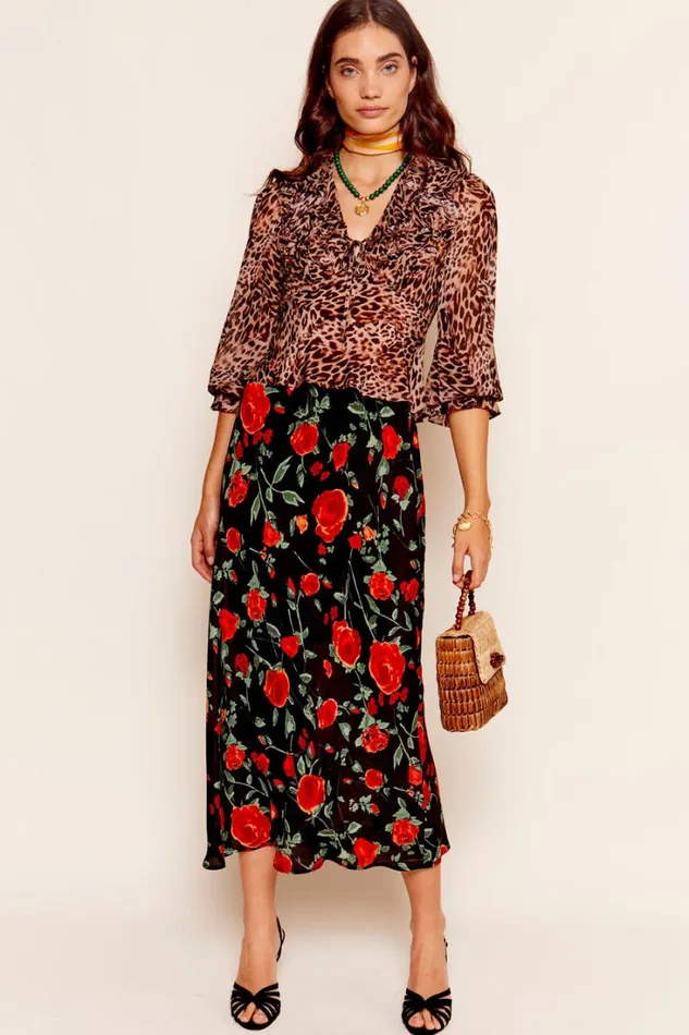 Women RIXO All Clothing Lasca Ruffled Silk Blouse Leopard Patchwork Brown