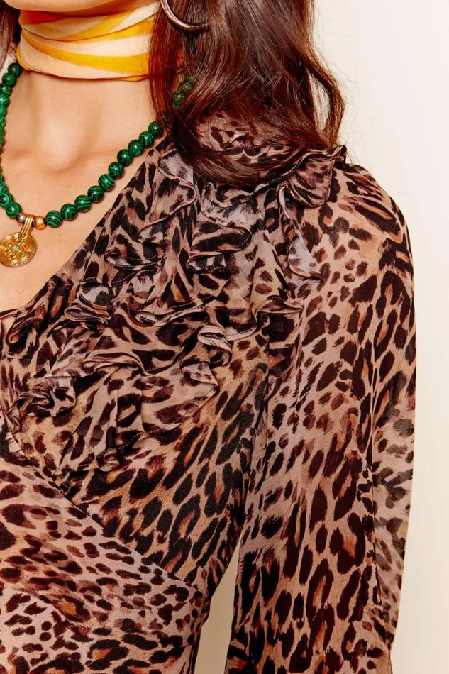 Women RIXO All Clothing Lasca Ruffled Silk Blouse Leopard Patchwork Brown