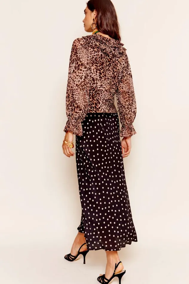 Women RIXO All Clothing Lasca Ruffled Silk Blouse Leopard Patchwork Brown