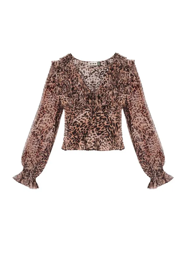 Women RIXO All Clothing Lasca Ruffled Silk Blouse Leopard Patchwork Brown