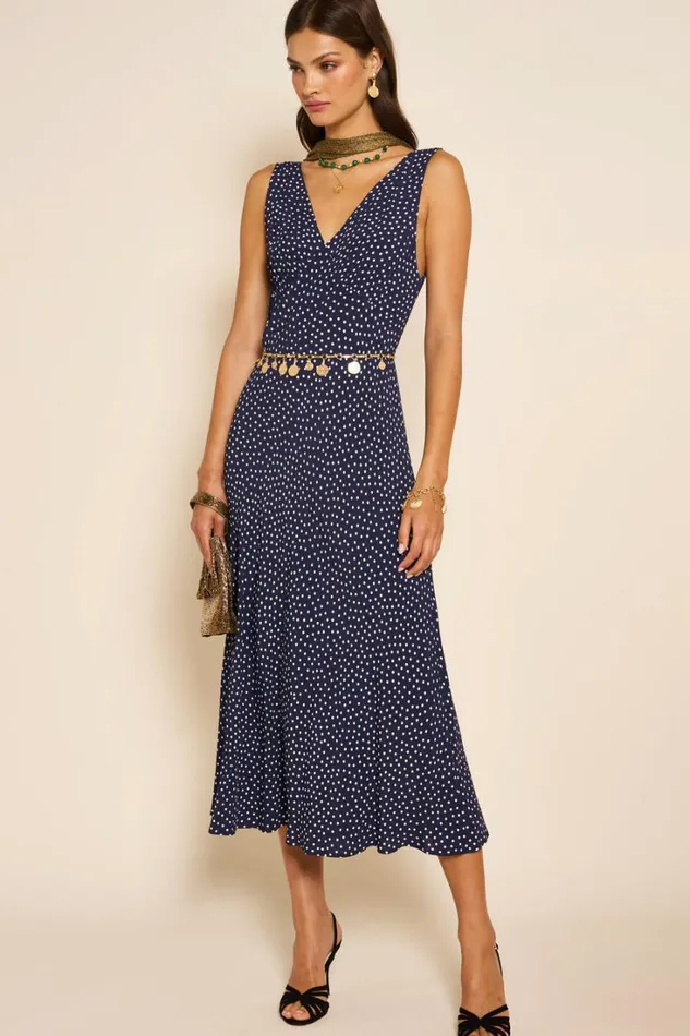 Women RIXO All Clothing Sandrine Midi Dress Mini Navy Polka Dot