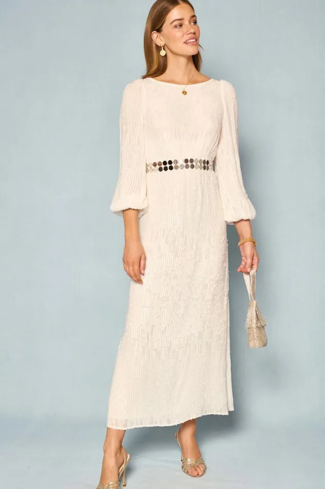 Women RIXO Dresses Coco Sequinned Midi Dress Ivory Sequin