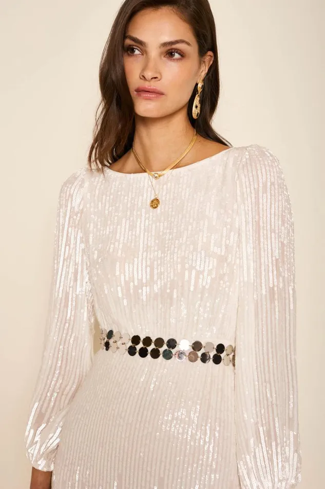 Women RIXO Dresses Coco Sequinned Midi Dress Ivory Sequin