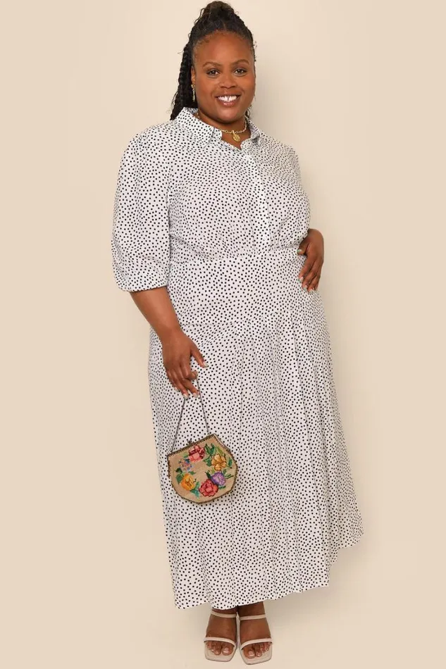 Women RIXO Extended Sizing Izzy Shirt Dress White Mini Polka Dots