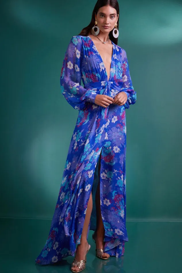 Women RIXO Last Chance Meera Chiffon Gown French Floral Cobalt