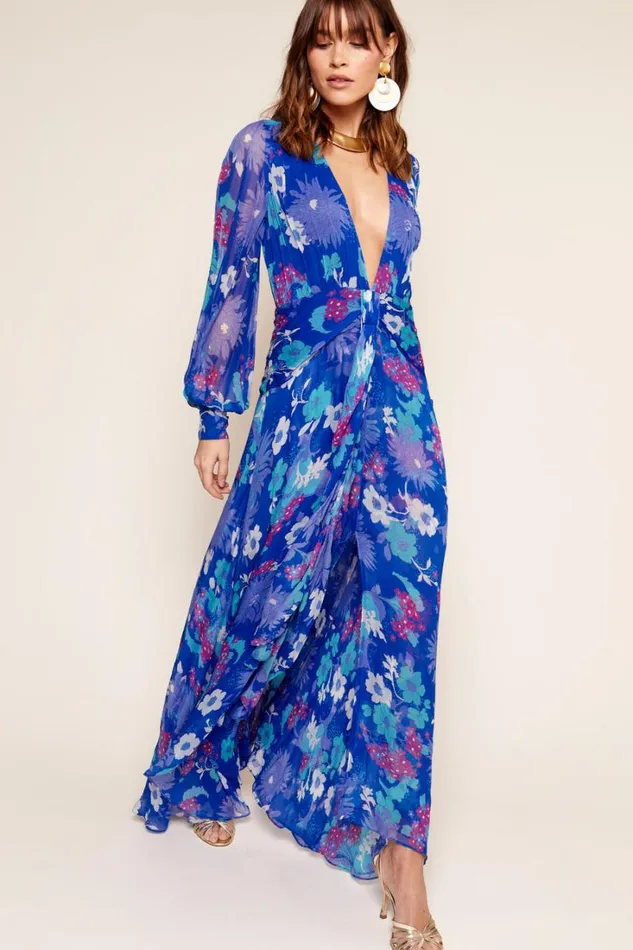 Women RIXO Last Chance Meera Chiffon Gown French Floral Cobalt