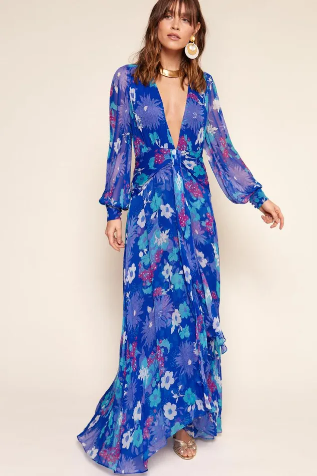 Women RIXO Last Chance Meera Chiffon Gown French Floral Cobalt