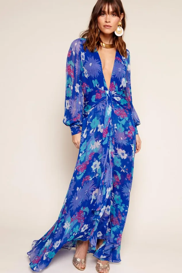 Women RIXO Last Chance Meera Chiffon Gown French Floral Cobalt