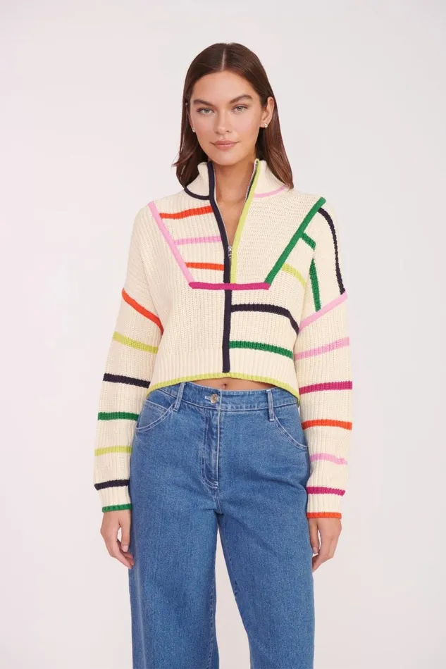 Women STAUD Knits CROPPED HAMPTON SWEATER CREAM RAINBOW MULTI