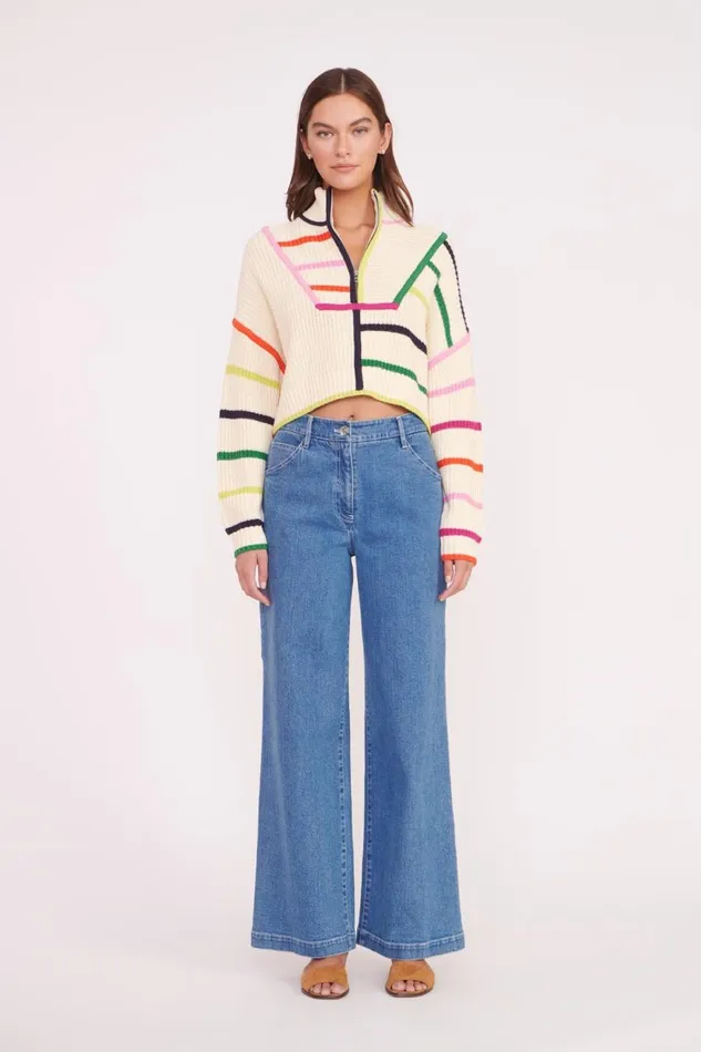Women STAUD Knits CROPPED HAMPTON SWEATER CREAM RAINBOW MULTI