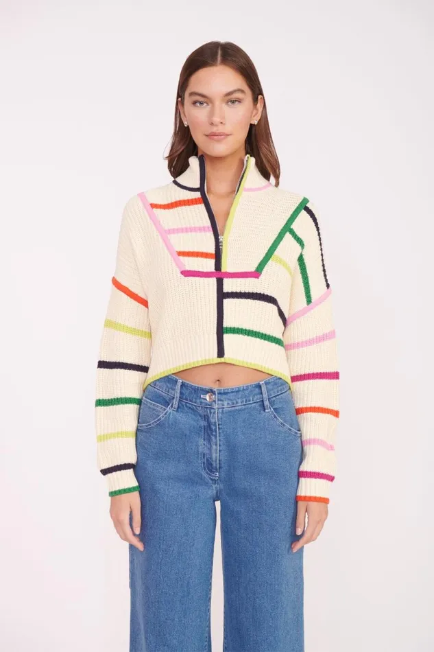 Women STAUD Knits CROPPED HAMPTON SWEATER CREAM RAINBOW MULTI