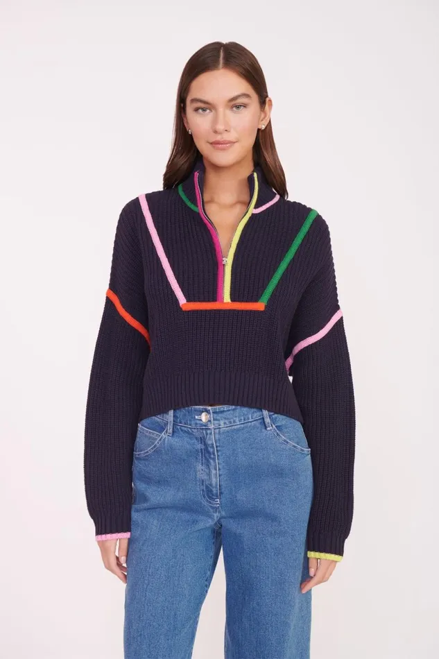 Women STAUD Knits CROPPED HAMPTON SWEATER NAVY MULTI
