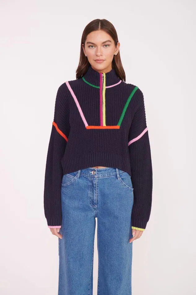 Women STAUD Knits CROPPED HAMPTON SWEATER NAVY MULTI
