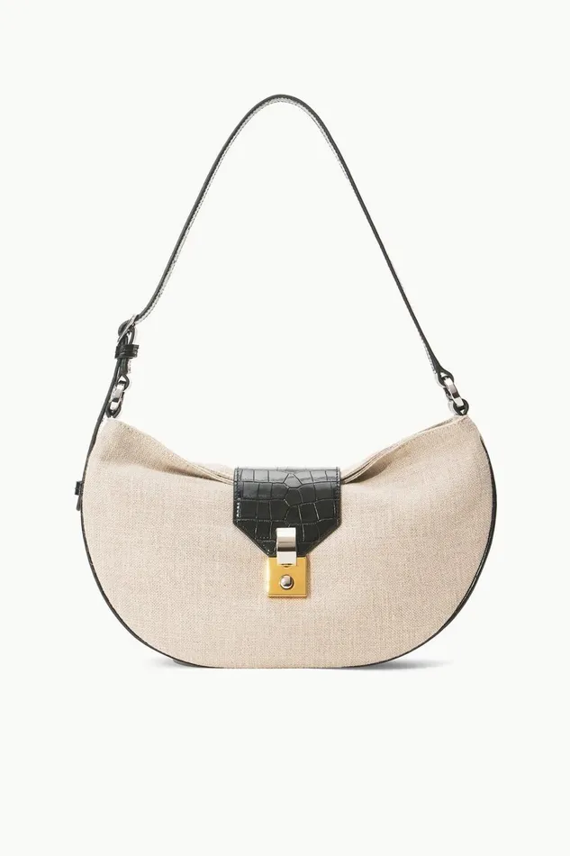 Women STAUD Shoulder MARIKE BAG NATURAL BLACK LINEN