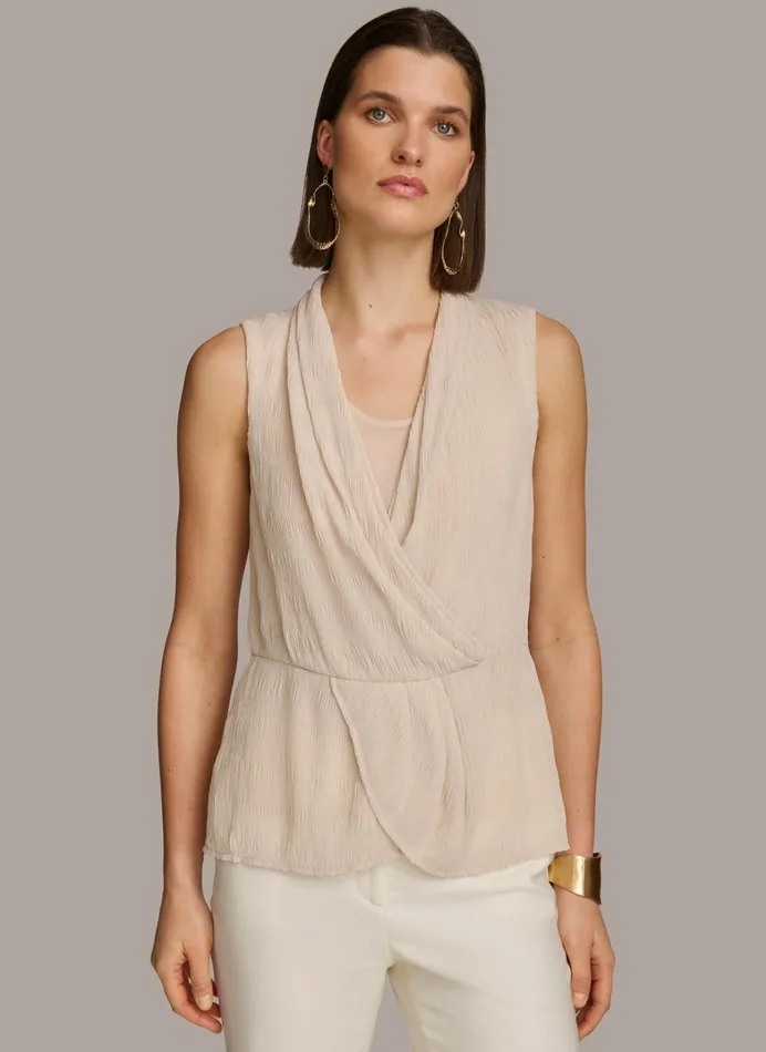 Women Sweaters And Tops Donna Karan FAUX WRAP PEPLUM TOP Sand
