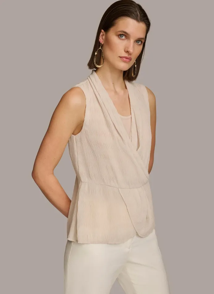 Women Sweaters And Tops Donna Karan FAUX WRAP PEPLUM TOP Sand