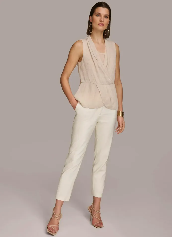 Women Sweaters And Tops Donna Karan FAUX WRAP PEPLUM TOP Sand