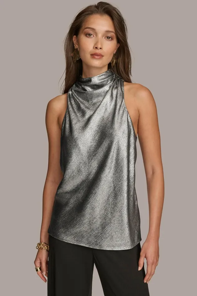 Women Sweaters And Tops Donna Karan METALLIC HIGH COWL TOP Silver
