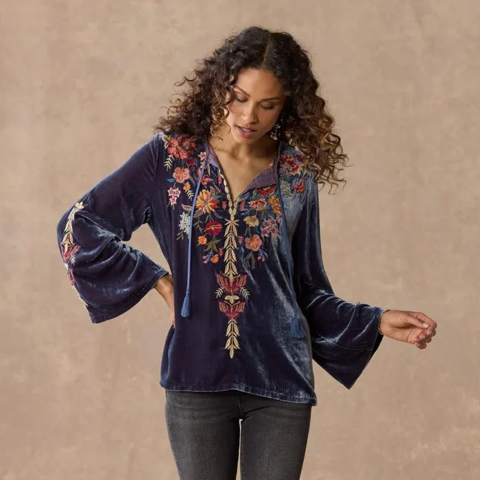 Women Taline Embroidered Velvet Top Blue Sundance Catalog Tops
