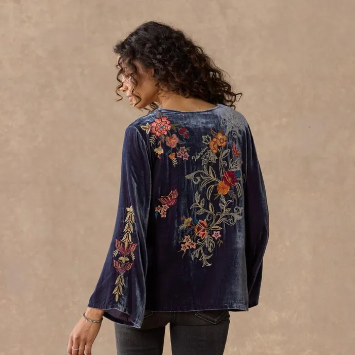 Women Taline Embroidered Velvet Top Blue Sundance Catalog Tops Women Taline Embroidered Velvet Top Blue Sundance Catalog Tops