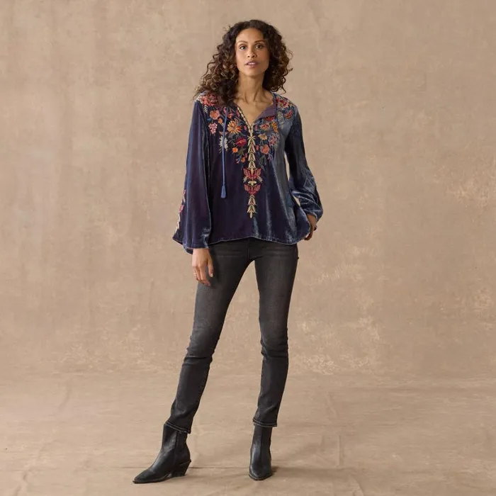 Women Taline Embroidered Velvet Top Blue Sundance Catalog Tops Women Taline Embroidered Velvet Top Blue Sundance Catalog Tops