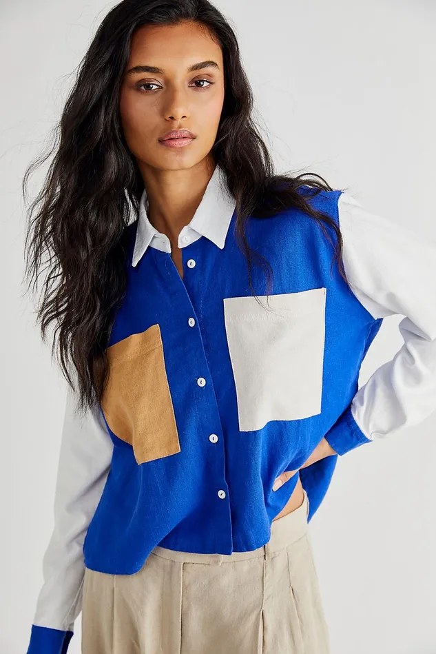Women Tops Free People York Linen Shirt Intense Blue