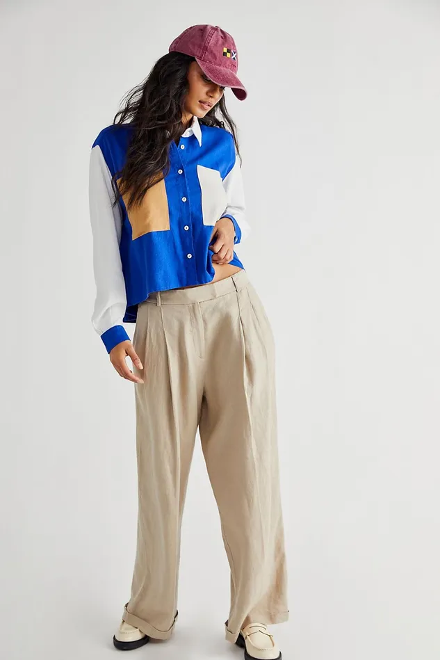 Women Tops Free People York Linen Shirt Intense Blue