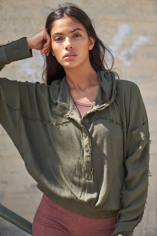 Women Workout Tops Free People Windy Meadow Hoodie Cargo Khaki