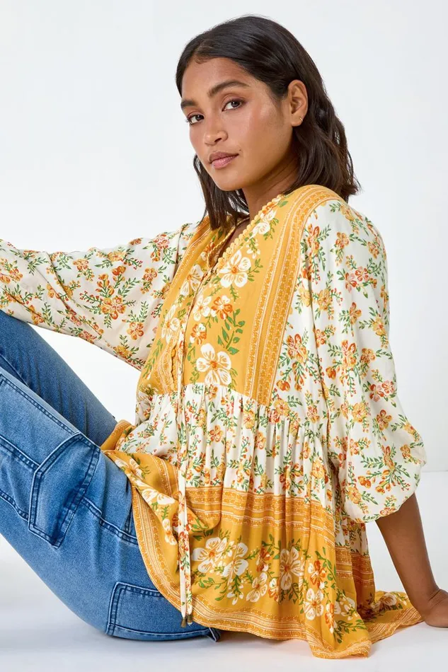 Yellow Floral Border Print VNeck Overshirt Women Roman Tops