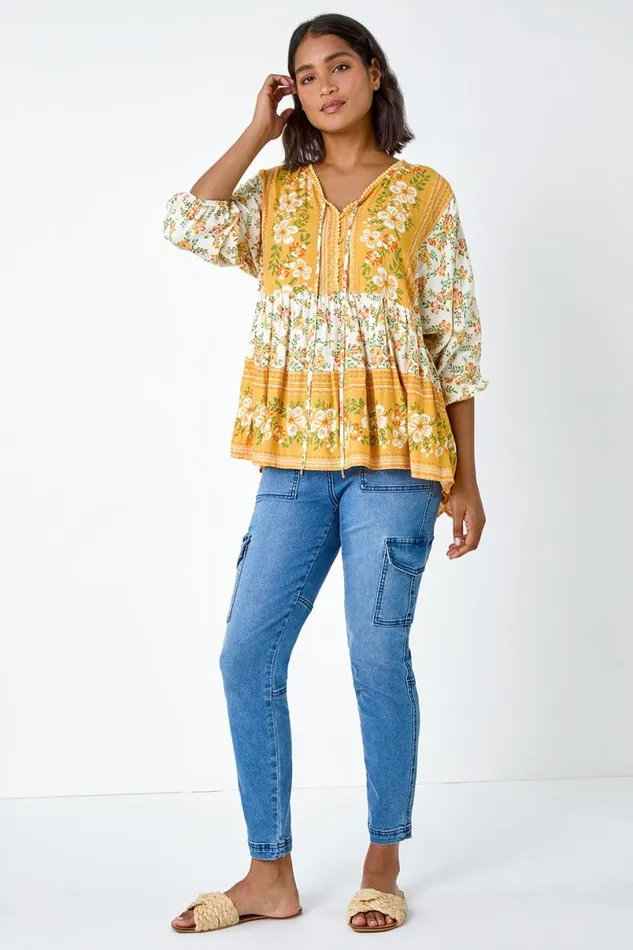 Yellow Floral Border Print VNeck Overshirt Women Roman Tops