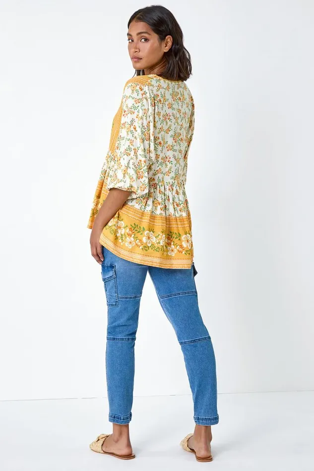 Yellow Floral Border Print VNeck Overshirt Women Roman Tops