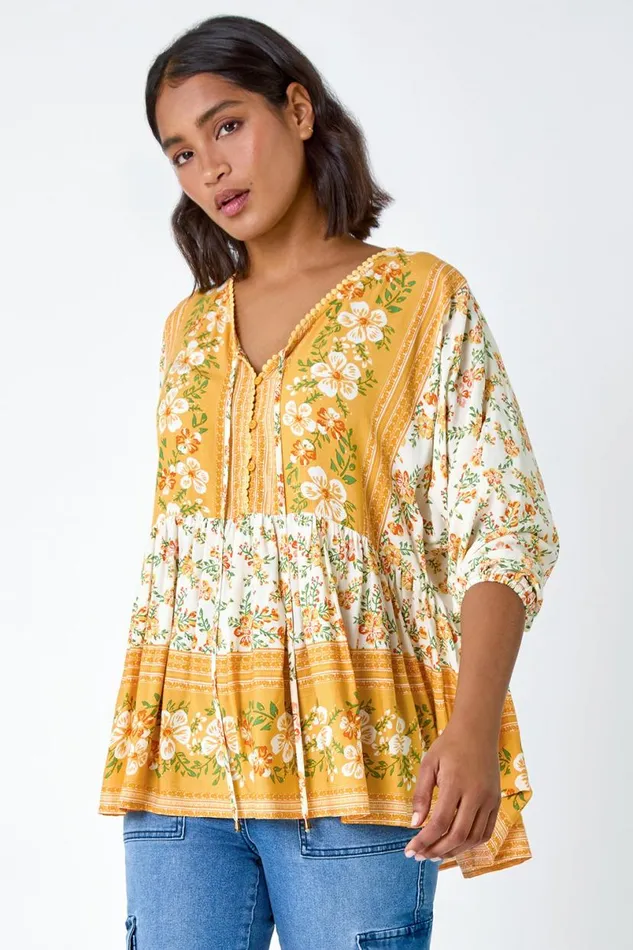 Yellow Floral Border Print VNeck Overshirt Women Roman Tops