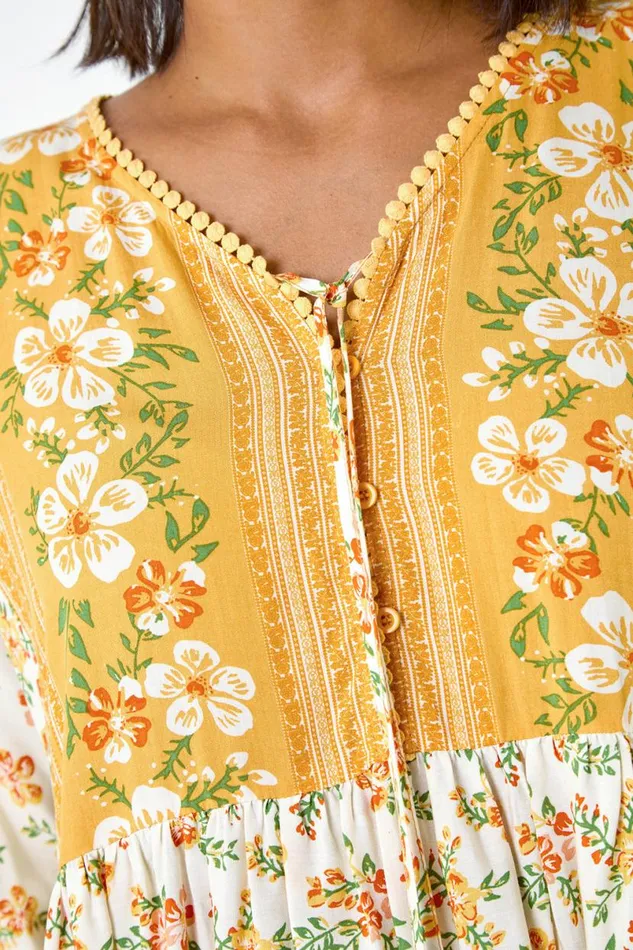 Yellow Floral Border Print VNeck Overshirt Women Roman Tops