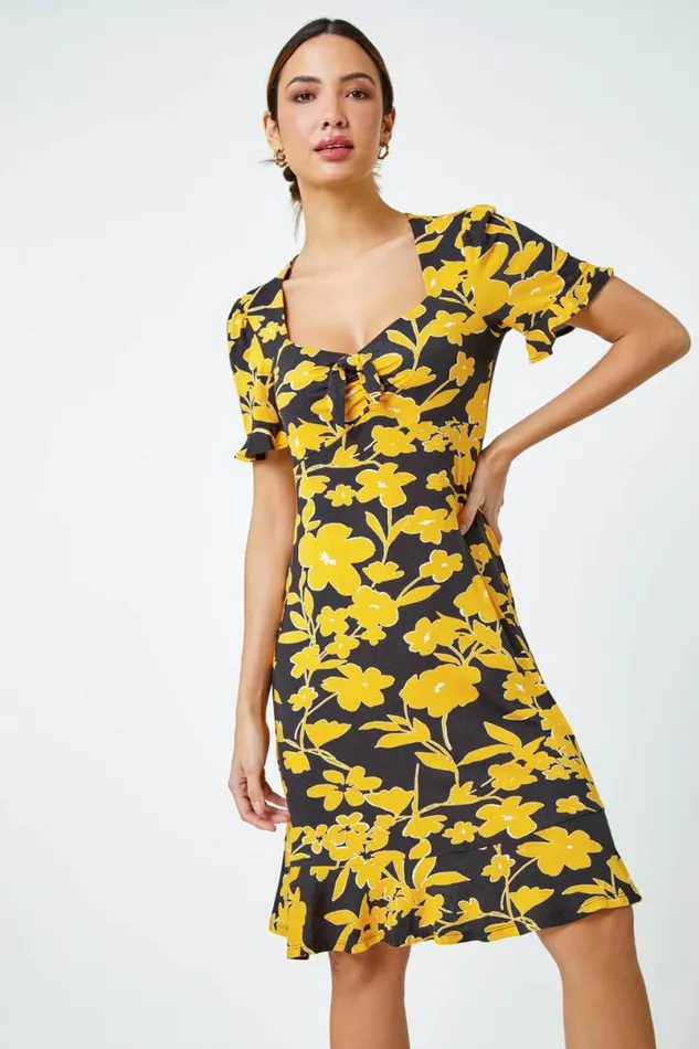 Yellow Floral Frill Hem Stretch Dress Women Roman Dresses