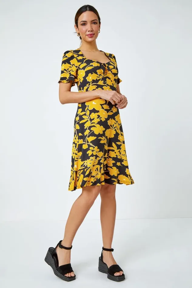 Yellow Floral Frill Hem Stretch Dress Women Roman Dresses