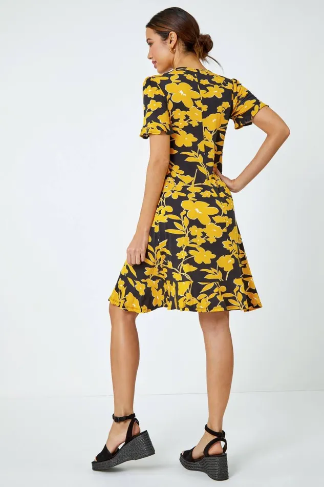 Yellow Floral Frill Hem Stretch Dress Women Roman Dresses
