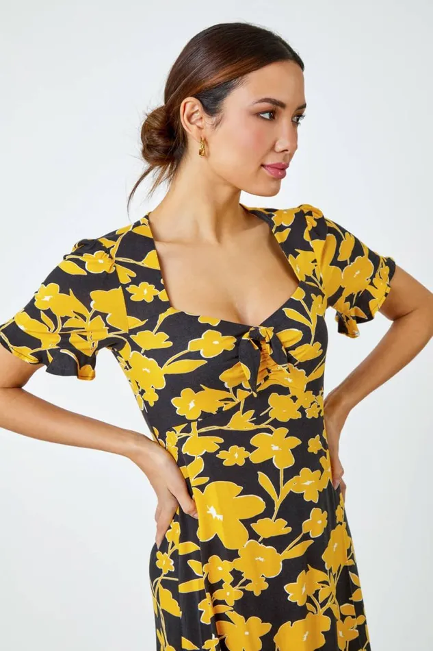 Yellow Floral Frill Hem Stretch Dress Women Roman Dresses