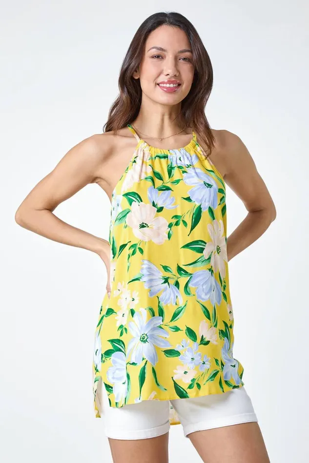 Yellow Floral Print Halter Neck Top Women Roman Tops