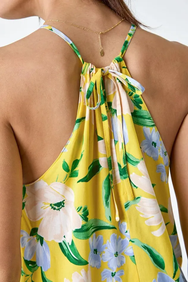 Yellow Floral Print Halter Neck Top Women Roman Tops