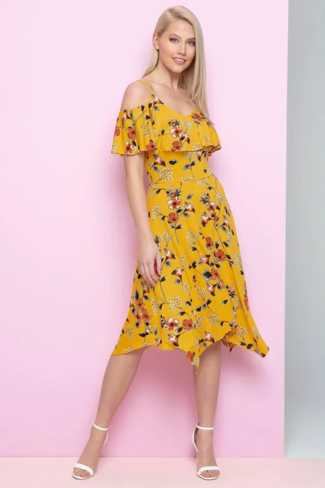 Yellow Hanky Hem Cold Shoulder Dress Women Roman Dresses