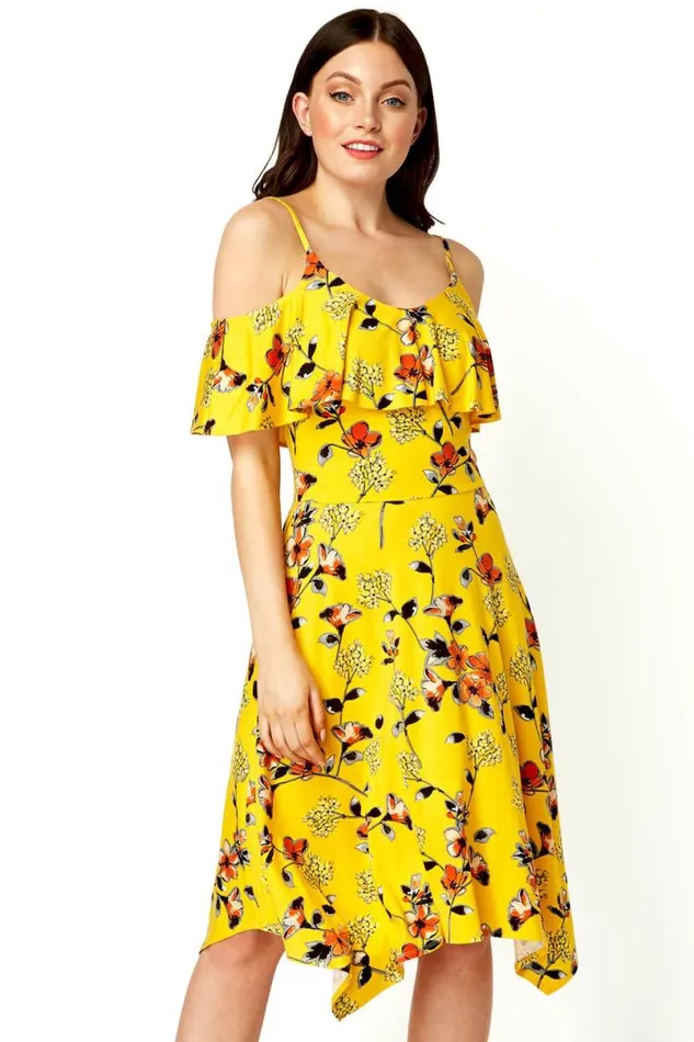 Yellow Hanky Hem Cold Shoulder Dress Women Roman Dresses