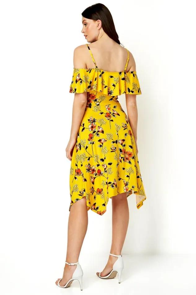 Yellow Hanky Hem Cold Shoulder Dress Women Roman Dresses