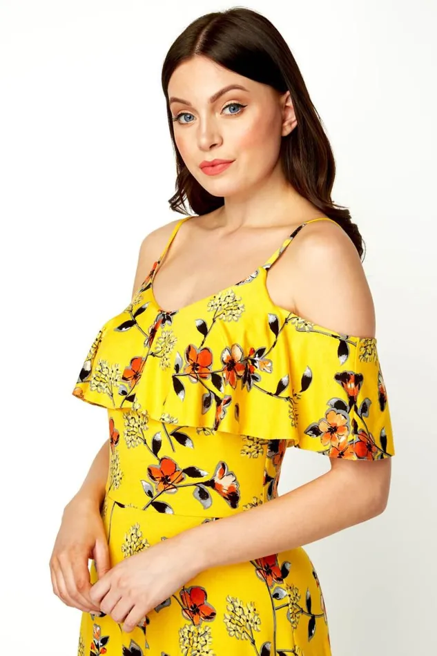 Yellow Hanky Hem Cold Shoulder Dress Women Roman Dresses
