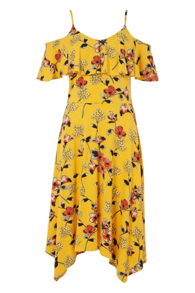 Yellow Hanky Hem Cold Shoulder Dress Women Roman Dresses