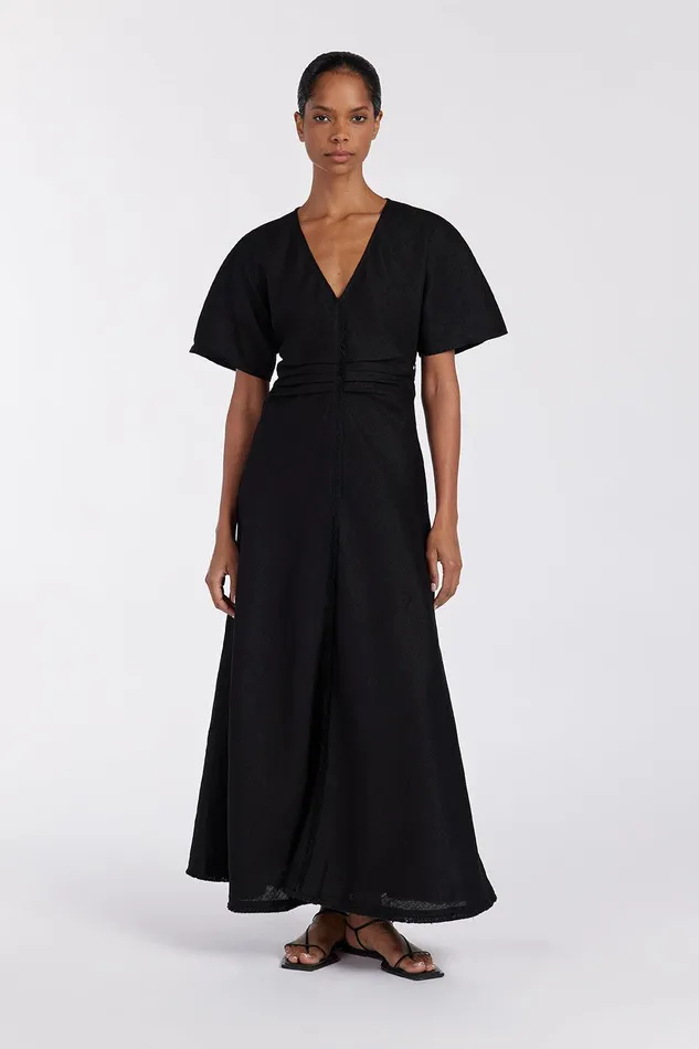 ZAHARA BLACK FRINGING MIDI DRESS Women DISSH Linen Dresses