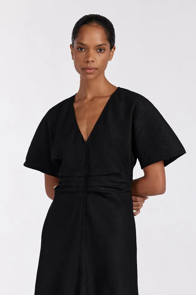 ZAHARA BLACK FRINGING MIDI DRESS Women DISSH Linen Dresses